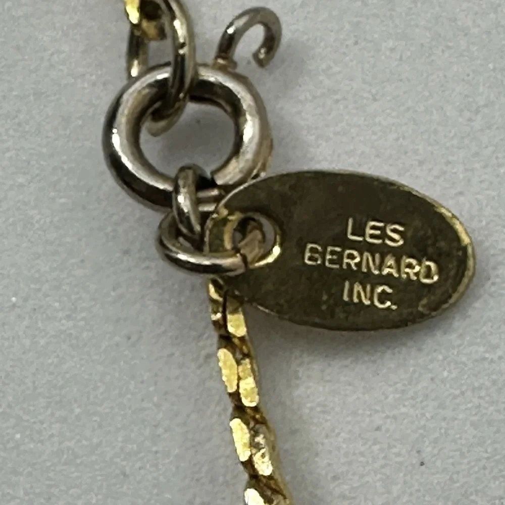 Les Bernard Open Heart Necklace Gold Tone Rhinestone Pendant Signed Vintage